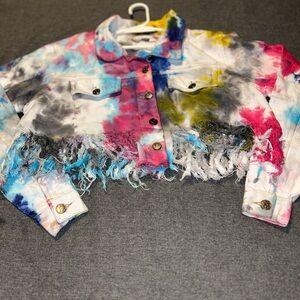Vibrant Blue and Pink Jean Jacket with Abstract Pattern